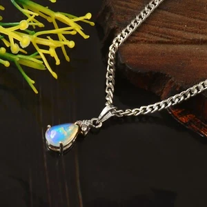 Ethiopian Opal Pendant, Natural White Opal Necklace, October Birthstone, 1152 - Picture 1 of 2