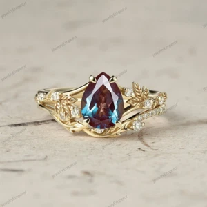 Alexandrite 925 Sterling Silver Ring, Dual Band Engagement Ring, Bridal Ring Set - Picture 1 of 6