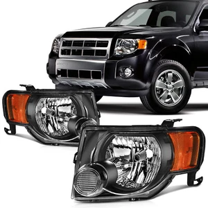 Headlights Assembly Fits 2008-2012 Ford Escape SUV Headlamp Light Black Pair Set - Picture 1 of 7