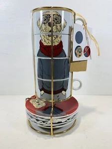 Stackable Coffee Cups Set of 4 W/ Saucers and Stand Nerdy Golden Retriever Dog - Picture 1 of 10