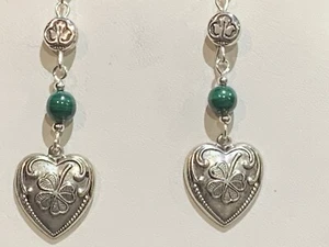 SALE 35% RABATT*VTG. HERZFÖRMIGE SILBER KELTISCHE KLEEBLATT & MALACHIT OHRRINGE * NEU - Bild 1 von 5