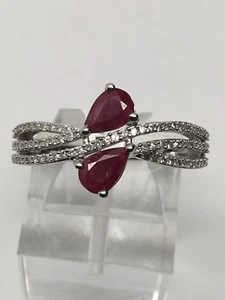 Ring 10 K Weißgold Birnenform Rubin und 0,33 kt TWT Diamant Größe 7 Neu Juli Edelstein - Bild 1 von 12