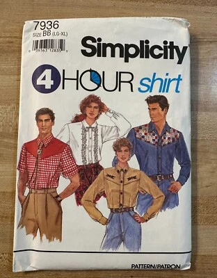 Simplicity 7936 Western Cowboy Shirt Unisex Sewing Pattern L-XL Uncut - Image 1 of 2