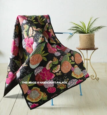 Gesteppt Überwurf Decke Schwarz Tropische Muster Kantha Bett Sofa Stuhl 178cm - Bild 1 von 4