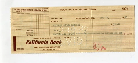 RUDY VALLEE (Drene Show - Don Ameche TV) 1945 AUTOGRAPH (signed check) Hollywood Cover