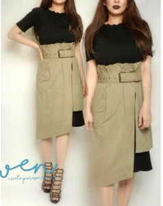 Two piece set Belted beige and black dress - Picture 1 of 1
