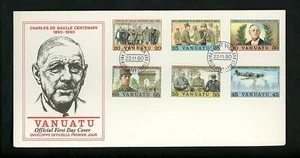 Postal History Vanuatu FDC #530a-f Charles de Gaulle WWII airplane military 1990 - Picture 1 of 2