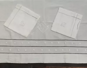 PARURE LIT LIN BLANC DRAP AVEC RETOUR+2 TAIES BRODERIE JOURS MONO SB 312/214 cm - Picture 1 of 9