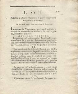 FRANZÖSISCHE REPUBLIK 17. AUGUST 1792 VORSCHRIFTEN BETREFFEND ARSENALE - Bild 1 von 3
