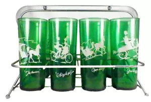 8 vasos Anchor Hocking gay años noventa en vidrio verde bosque portador mediados de siglo - Imagen 1 de 12