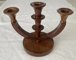 Vtg Handmade Mid-Century Modern Dark Wood 3 Candles/Arms Candleabra, 7"T by 8"W - Picture 1 of 8