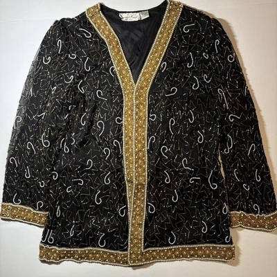 Chaqueta De Colección Lawrence Kazar 100% Seda Lentejuelas Cuentas Vacaciones Cóctel Fiesta Plus 1X Foto 1 de 4