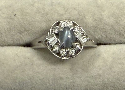 Platinum Cats eye Alexandrite Ring with Baguette and Round Diamond Halo - Image 1 of 4