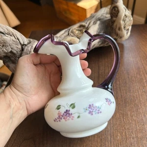 Vintage Fenton Hand Painted Signed Pitcher Purple Ruffled Top Floral milk glass - Picture 1 of 9