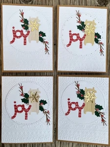 Menge 4 HANDGEMACHTE GRUSSKARTEN - Weihnachtsschlitten Grün Unikat Original - Bild 1 von 2