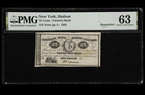 1862 NEW YORK Hudson, Farmers Bank 25c Civil War Obsolete Note Currency, PMG 63 - Picture 1 of 5