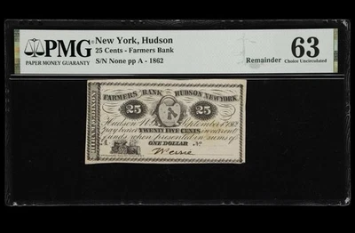 1862 NEW YORK Hudson, Farmers Bank 25c Civil War Obsolete Note Currency, PMG 63 - Image 1 of 4