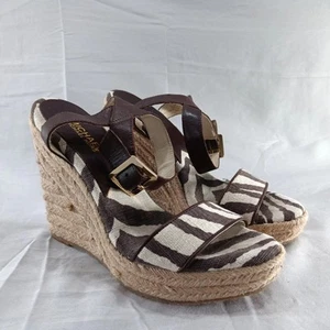 Michael Kors Violet Sandal Size 8 M Brown Zebra Print Wedge Heel Summer Beachy - Picture 1 of 15