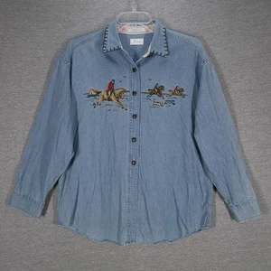 Vintage Foxcroft Jeanshemd Damen Large blau bestickt Reitsport Pferde 90er - Bild 1 von 15