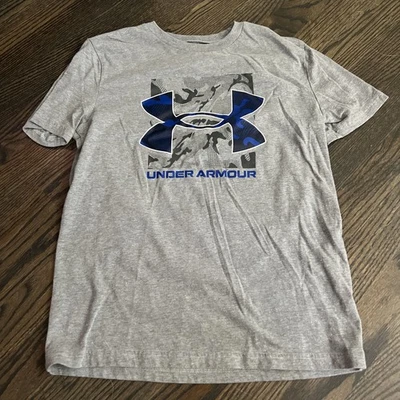 Under Armour UA Box Logo Camo Gray And Blue Short Sleeve T Shirt Boys Size YMD - Image 1 of 2