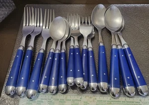 Oneida Stainless Flatware Palette Blue Plastic Riveted Handles 14 Pieces - Picture 1 of 4