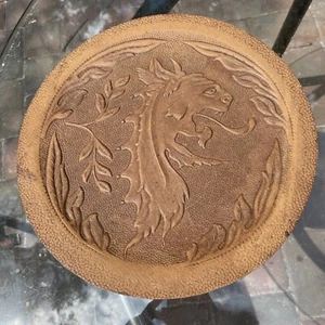 Antique Pressed Leather Plate Dish Tray Embossed Dragon Demon Vtg Rare Large - Picture 1 of 5