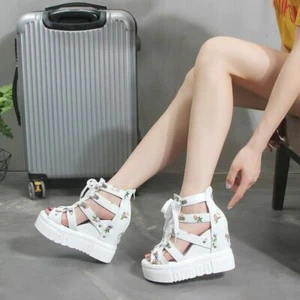 Fashion Women's Cut Out Sandals*Platfrom Hidden Wedge Boots Floral Lace Up Shoe@ - Picture 1 of 20