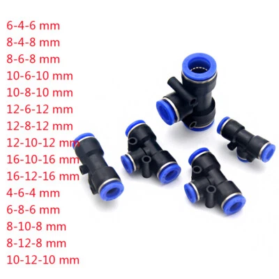 4/6/8/10/12/16mm Reducer Tee Push-In Fittings Pneumatic Air Tube Hose Connector - Image 1 of 4