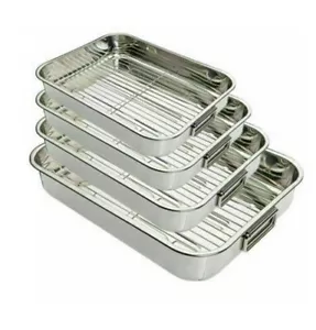 ROASTING TRAYS WITH GRILL OVEN PAN DISH BAKING ROASTER RACK TIN STAINLESS STEEL - Picture 1 of 6