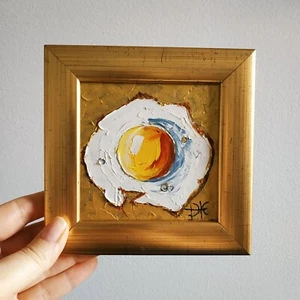 Fried Egg Original Art Small Painting Still Life Kitchen Art No Frame 4х4" - Picture 1 of 6