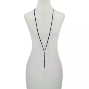 Herkimer Mines "Diamond" Quartz Faceted Drop Blue Suede Lariat Necklace - Picture 1 of 2