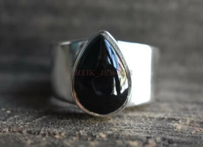 Natural Black Onyx Gemstone with 14K White Gold Plated Silver Ring for Men #1176 - Image 1 of 4