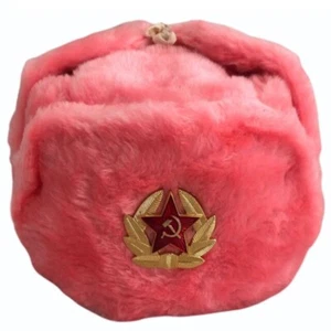 Authentic Russian Ushanka Pink Hat w/ Soviet Army Badge Emblem - Picture 1 of 3