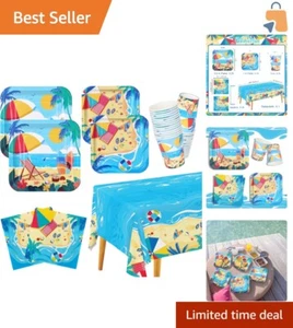 Hawaiian Party Essentials Set: 25 Paper Plates, Cups & Napkins - Beach Theme - Picture 1 of 9