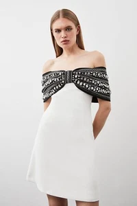 Karen Millen Crystal Embellished Black White Bow Mini Dress 8 Bardot Diamanté S - Picture 1 of 5
