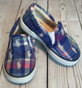 Polo Ralph Lauren Slip On Canvas Sneakers Toddler Size 5 Plaid Blue Shoes EUC - Picture 1 of 11