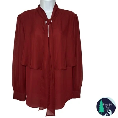 Cato 衬衫束腰外衣女式大号勃艮第雪纺透明长袖领结二手状况完好 — 第 1/4 张图片