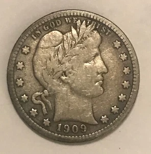 1909-s Barber Quarter, F/ VF ,Scarce - Picture 1 of 4