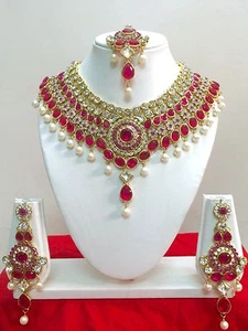 Indian Bollywood Style Diamante Kundan Pearl Gold Plated Bridal Jewelry Set  - Picture 1 of 4