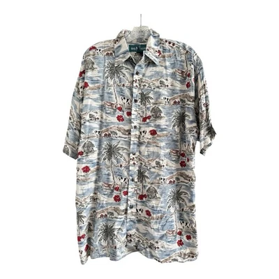 БОЛЬШИЕ СОБАКИ Мужская гавайский белый синий красный тропические пальмы собаки хижины рубашка (S/M) - Изображение 1 из 4