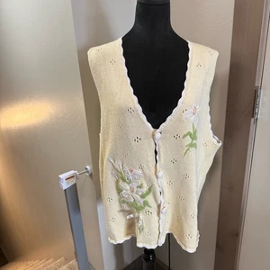 Vintage Mandal Bay Button Front Sweater Vest Embroidered Floral Pastel Yellow - Picture 1 of 7