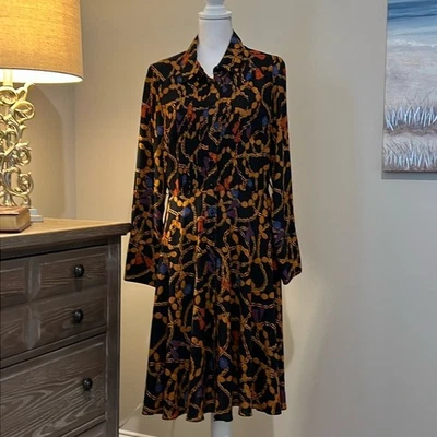 Vestido midi vintage Nanette Lepore botão frontal manga longa corrente design tamanho 10 - Imagem 1 de 4