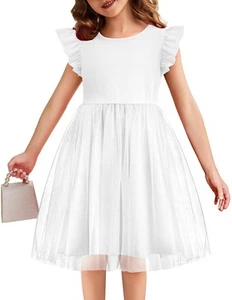 Girls Tutu Dress Tulle Dress White Flower Wedding Sundress 4 Years - Picture 1 of 6