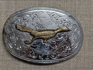 vintage ROADRUNNER buckle belt SOUTHWESTERN engraved CHROME cowboy - Picture 1 of 5