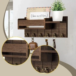 Key Holder Wall Mount Key Shelf Wooden Rustic Wall Shelf Mail Organizer Tray for - Picture 1 of 7