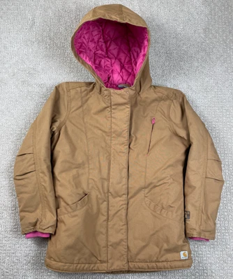 Carhartt Jacket Girls Large 14 Tan Pink Quick Duck Canvas Quilt Lined Outdoors - Image 1 of 4