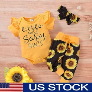 Newborn Toddler Baby Girl 3PCS Top T-Shirt Sunflower Pants Kids Infant Outfit - Picture 1 of 11