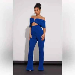 Ladies PLT glitter plisse blue jumpsuit size 10 UK off shoulder bardot VGC - Picture 1 of 6