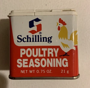 Vintage Tin 1977 Schilling Poultry Seasoning Spice Tin .75 Ounces Near Full - Picture 1 of 7