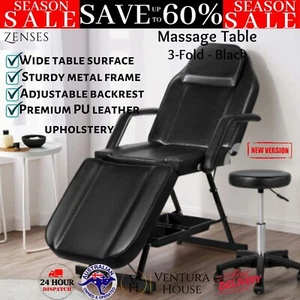 Adjustable Beauty Bed Beauty Salon Bed Chair 3-Fold Model Massage Table Black - Picture 1 of 12